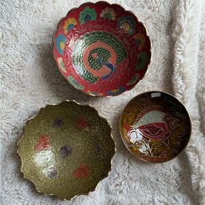 ✨ lot of three brass bowls with colorful enamels peacock fish and floral images